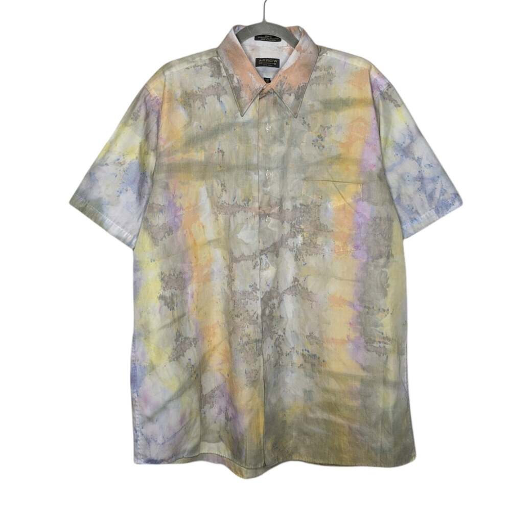 Vintage Y2K Ice Tie Dye Custom Earth Tone Button Short Sleeve Shirt Hawaii Beach